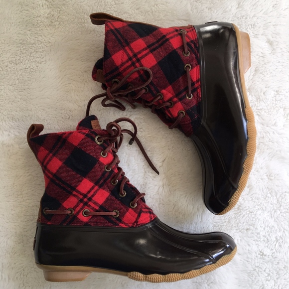 Sperry Shoes - Sperry Womens Duck Boots Laced Red Plaid Size 8.5